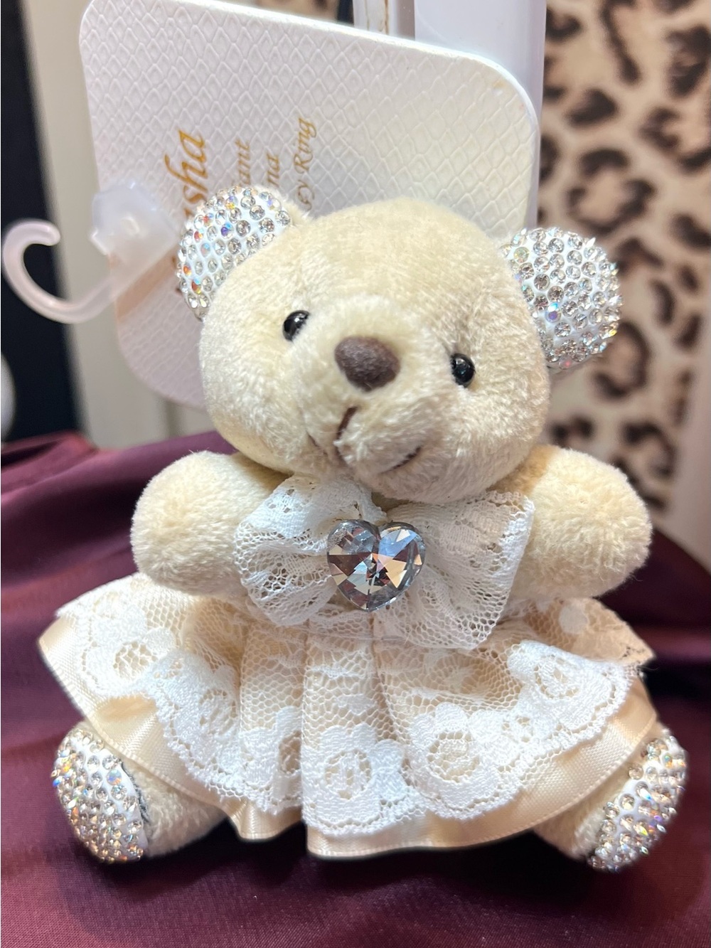 🐻NATASHA plush beige bear WITH lace dress with rhinestone accents.🐻NWT